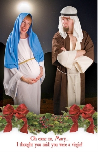 I may not have much of a problem with the Mary and Joseph costumes, but the caption is a whole different matter. I mean it's kind of offensive.