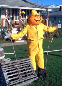 Of course, this fisherman scarecrow can't catch any fish on dry land. Still, love the raincoat and net.