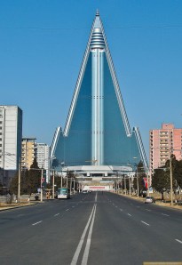 This is the Ryugyong Hotel in Pyongyang, North Korea. It's actually not quite finished from the inside as far as I know the exterior certainly is. And the fact that North Korea is trying to promote tourism may make this building soon open for business. Still, it's nicknamed, "the Hotel of Doom," and I'm not sure how such a nation with a very hostile to foreigners would want to encourage people to vacation there.