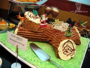 This cake is from a restaurant. Still, seems like Santa is making his rounds in California's Redwood Forest.