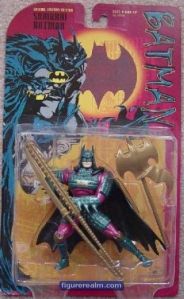 From Amazon: "The legendary figure of Batman existed in ancient Japan as Samurai Batman, a brave and strong warrior who pitted his skills against the evil warlords, or "daimyo". Armed with his powerful, slashing "no-dachi" sword and protected by a customized samurai armor costume, Samurai Batman swept across the countryside, cutting down villainy and protecting villages at every turn. On the battlefield, Samurai Batman could always be identified by his "hata-jirushi" banner which streamed behind him in every conflict, striking fear into the hearts of his opponents. Samurai Batman's glittering new metallic costume dazzles his opponents, allowing him precious seconds to strike! This red-carded repainted variant was only available in the Warner Brothers stores." Really, protecting villages? I mean samurai were the "daimyo" lackeys for God's sake.  And they basically were no better than your standard medieval soldier in Europe. Still, I think "Ninja Batman" would make more sense since most Japanese ninjas were samurai anyway.