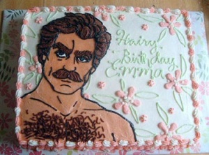 Then again, maybe Emma is a fan of Tom Selleck and his hairy chest. Still, doesn't help that he looks like a creepy 1970s porn star on this cake. By the way, his chest hair is represented by sprinkles.