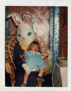 Painfully this little girl cries like there's no tomorrow as this Easter Bunny is already looking for his next victim. Those blue eyes only desire the sweet blood of children.