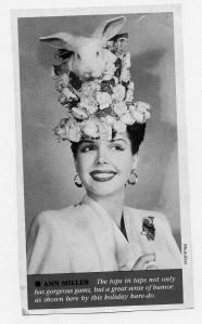 Of course, Ann Miller can have this kind of hat who was kind of the Lady Gaga of her day as far as fashions go. Then again, this style makes any of Lady Gaga's Easter bonnets seem tame by comparison.