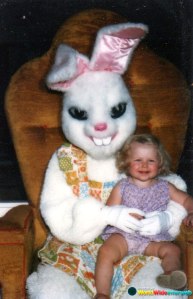 This girl on the Bunny's lap is taking this photo op quite well. Yet, this Flopsy seems to have murder on the mind.