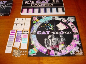 Gay Monopoly: A kind of game that perpetuates so many gay male stereotypes that it should go back into the closet where it belongs. Seriously,  it doesn't portray an accurate picture of gay life which isn't much different from straight life anyway.