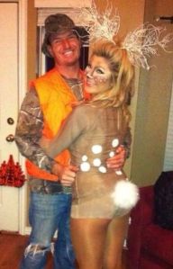 If she's supposed to be Bambi's mom, then it's a disturbing couples' costume. Wait a minute, she has spots and antlers? I don't think it's legal to shoot her, at least in Pennsylvania.