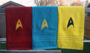 Available in 3 different colors with the insignia embroidered. Will go well in an Trekkie bathroom.