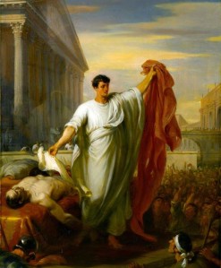 "O, pardon me, thou bleeding piece of earth,/That I am meek and gentle with these butchers!/Thou art the ruins of the noblest man/That ever lived in the tide of times./Woe to the hand that shed this costly blood!" - Act III, Scene 1 in Julius Caesar. Seems like Antony is really getting nasty here. And I'm sure he doesn't think that "Brutus is an honorable man." Soon he'll let slip the "dogs of war."