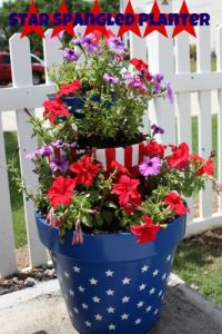 This consists of 2 flower pots. The smaller is of stripes. The larger is blue with white stars.