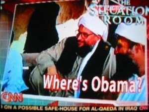 I think it's supposed to be: "Where Is Osama?" Wolf Blizter might need a caption proof reader sometime soon.