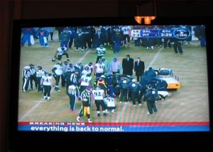 Uh, a football player just got hurt here so the Steelers-Ravens game stopped. So no, everything is not back to normal. 