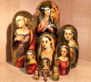 I guess these are from Renaissance paintings since they depict the Virgin Mary. Not to mention, a bunch of women dressed from the 16th century.