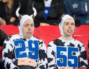 Yeah, I don't think the Dallas Cowboys are actual cows. But I think these costumes are udderly hilarious. Love it.