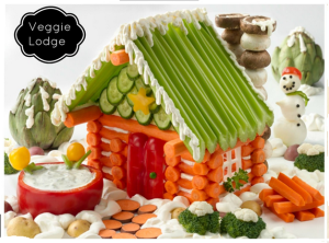 This has a carrot log cabin, a celery and cucumber roof, and a pepper door. And yes, I bet it's held together by dip and dressing.