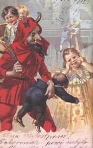 However, this card doesn't help that Krampus smacks the smallest kid while the other children seem straight from your nightmares. Wish he went after the girl in the yellow dress. She's creepy.