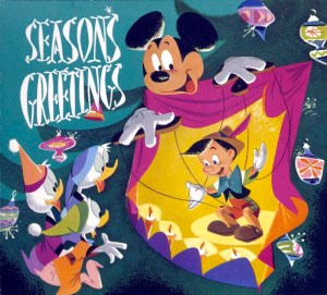 This 1954 Christmas card is kind of creepy to me. It sort of Mickey controlling Pinocchio in an evil puppetmeister mode. Disturbing.
