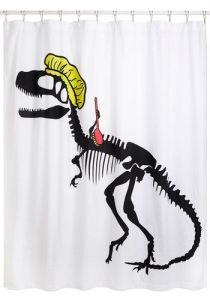Not sure what to think about the T-Rex skeleton in the shower. But at least it can scrub its back.